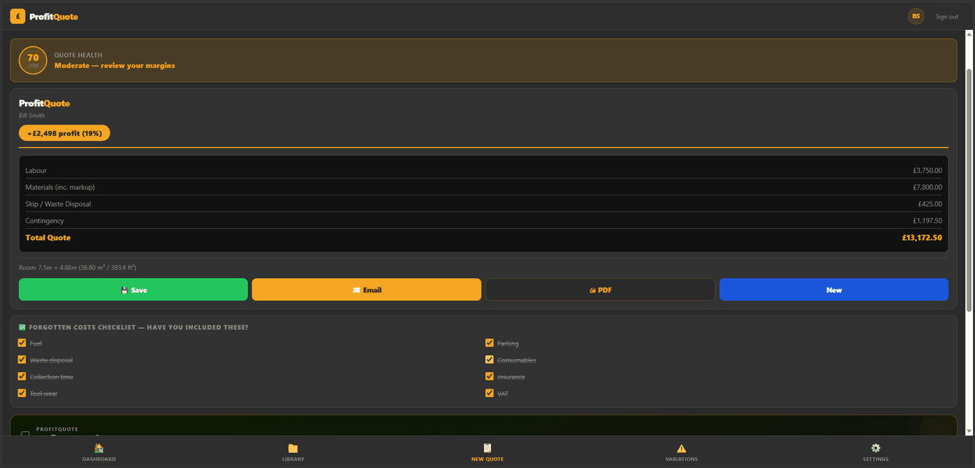 ProfitQuote showing a generated quote with profit margin and quote health score