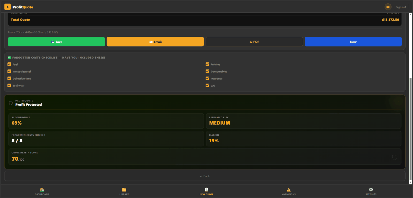 ProfitQuote showing AI confidence, estimated risk, and quote health score breakdown